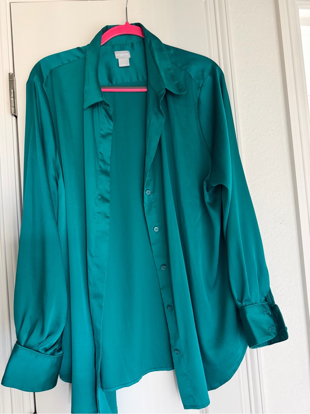 Chico's Teal Satin Button-Up Blouse Size 4 (XXL)